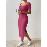 Women’s Summer Square Neck Knitted Slit Dress - Hip-Hugging Mid-Length Skirt with Short Sleeves, Versatile Fashion - Faith Affinity