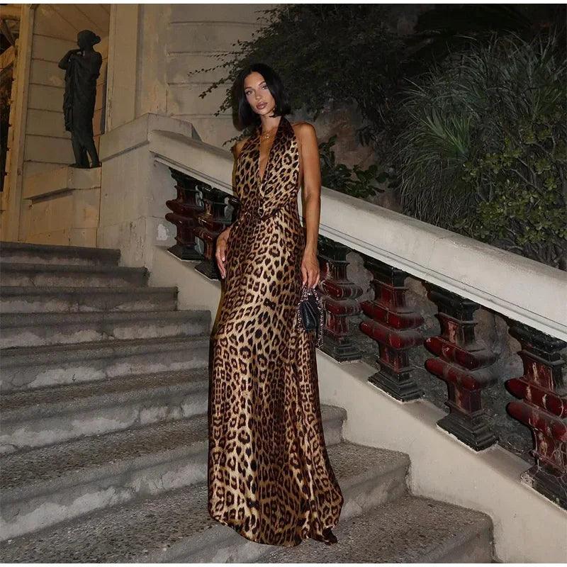 2024 Sexy Backless Leopard Print Halter Dress - Women’s Sleeveless Lace-Up Pleated Maxi Dress for Summer Streetwear - Faith Affinity