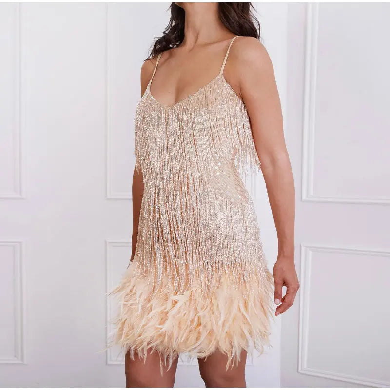 "Women’s Sexy Tassel Sequins Feather Mini Dress – Spaghetti Strap Party Club Evening Dress, WomenClothing" - Faith Affinity