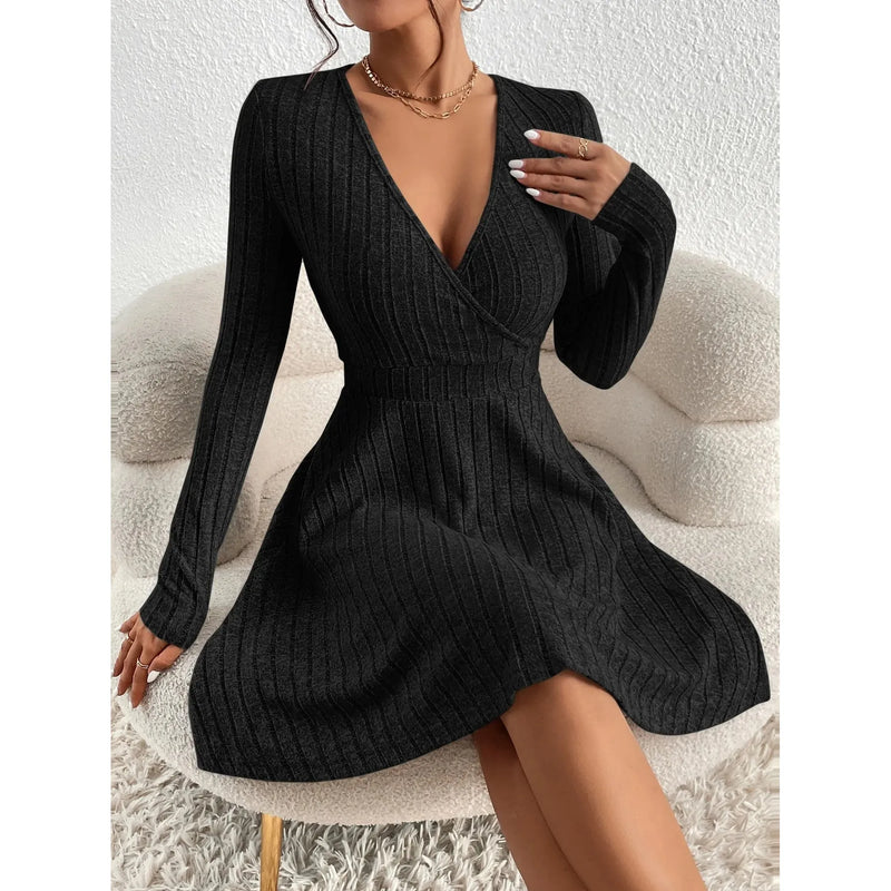 "Women’s Knit Bodycon Dress – V-Neck Long Sleeve Slim Fit Casual Midi Sweater Dress for Autumn Winter 2025" - Faith Affinity