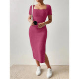 Women’s Summer Square Neck Knitted Slit Dress - Hip-Hugging Mid-Length Skirt with Short Sleeves, Versatile Fashion - Faith Affinity