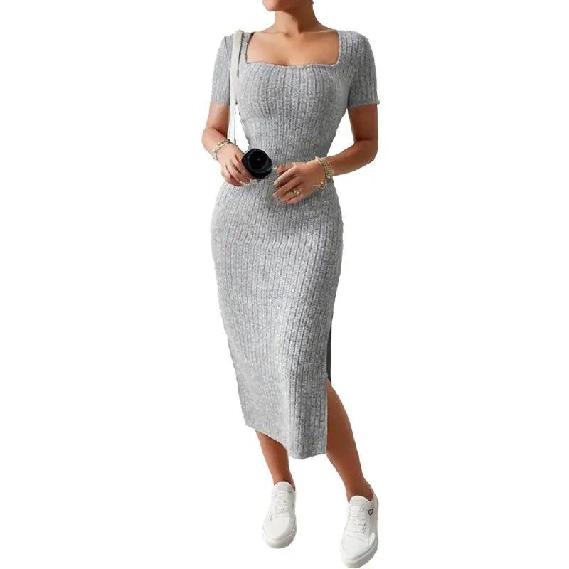 Women’s Summer Square Neck Knitted Slit Dress - Hip-Hugging Mid-Length Skirt with Short Sleeves, Versatile Fashion - Faith Affinity