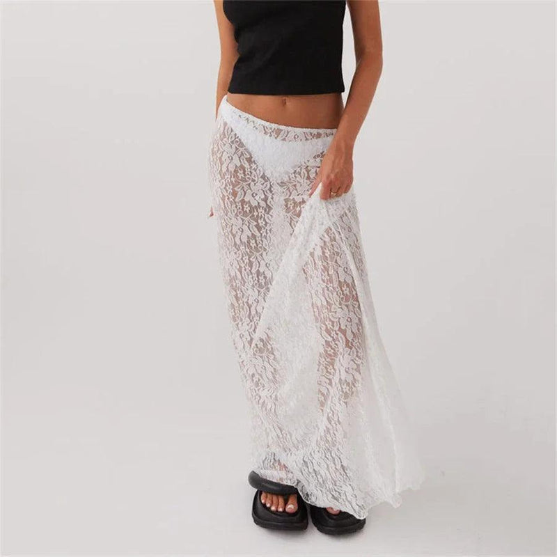 Women’s Lace A-Line Midi Skirt – Low Rise Y2K Summer Beach Party Maxi Skirt, Elegant & Trendy Fashion - Faith Affinity