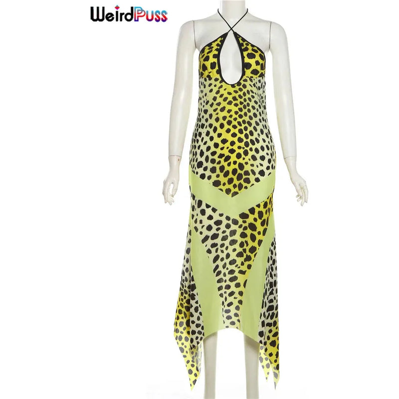"Weird Puss Leopard-Print Halter Dress for Women - Sexy Backless Chiffon Patchwork, Two-Way Wear Irregular Hem Bodycon Summer Dress" - Faith Affinity