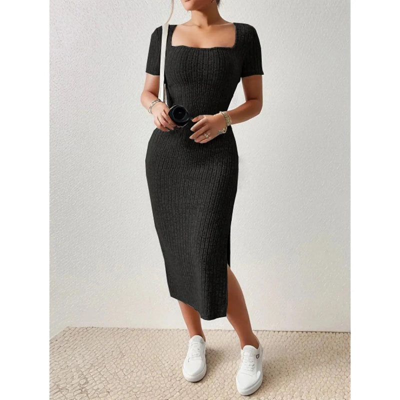 Women’s Summer Square Neck Knitted Slit Dress - Hip-Hugging Mid-Length Skirt with Short Sleeves, Versatile Fashion - Faith Affinity