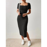 Women’s Summer Square Neck Knitted Slit Dress - Hip-Hugging Mid-Length Skirt with Short Sleeves, Versatile Fashion - Faith Affinity