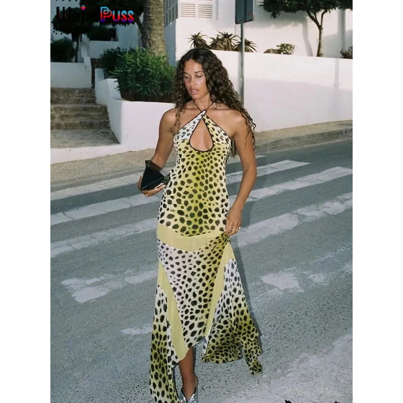 "Weird Puss Leopard-Print Halter Dress for Women - Sexy Backless Chiffon Patchwork, Two-Way Wear Irregular Hem Bodycon Summer Dress" - Faith Affinity