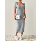 Women’s Summer Square Neck Knitted Slit Dress - Hip-Hugging Mid-Length Skirt with Short Sleeves, Versatile Fashion - Faith Affinity