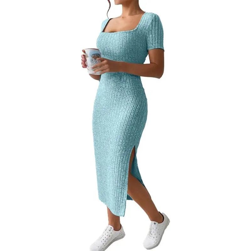 Women’s Summer Square Neck Knitted Slit Dress - Hip-Hugging Mid-Length Skirt with Short Sleeves, Versatile Fashion - Faith Affinity