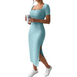 Women’s Summer Square Neck Knitted Slit Dress - Hip-Hugging Mid-Length Skirt with Short Sleeves, Versatile Fashion - Faith Affinity