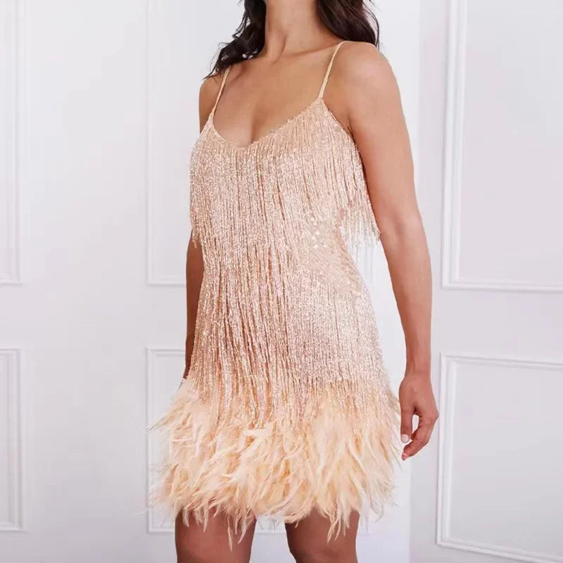 "Women’s Sexy Tassel Sequins Feather Mini Dress – Spaghetti Strap Party Club Evening Dress, WomenClothing" - Faith Affinity