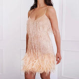 "Women’s Sexy Tassel Sequins Feather Mini Dress – Spaghetti Strap Party Club Evening Dress, WomenClothing" - Faith Affinity