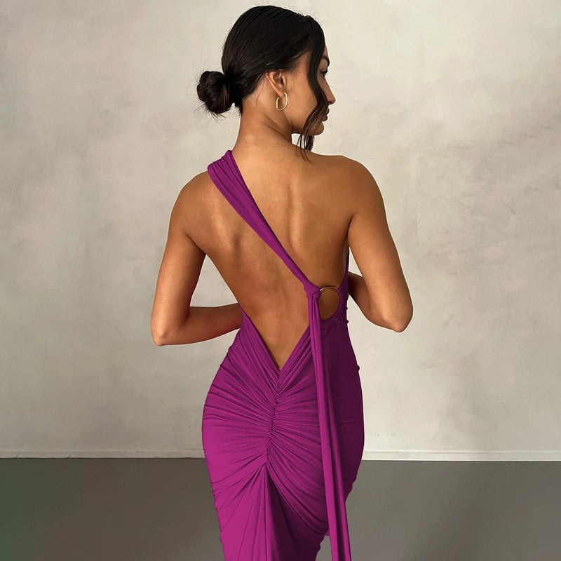 Hugcitar 2025 Women’s One-Shoulder Backless Ruched Maxi Dress - Sexy Adjustable Y2K Streetwear Festival Outfit - Faith Affinity