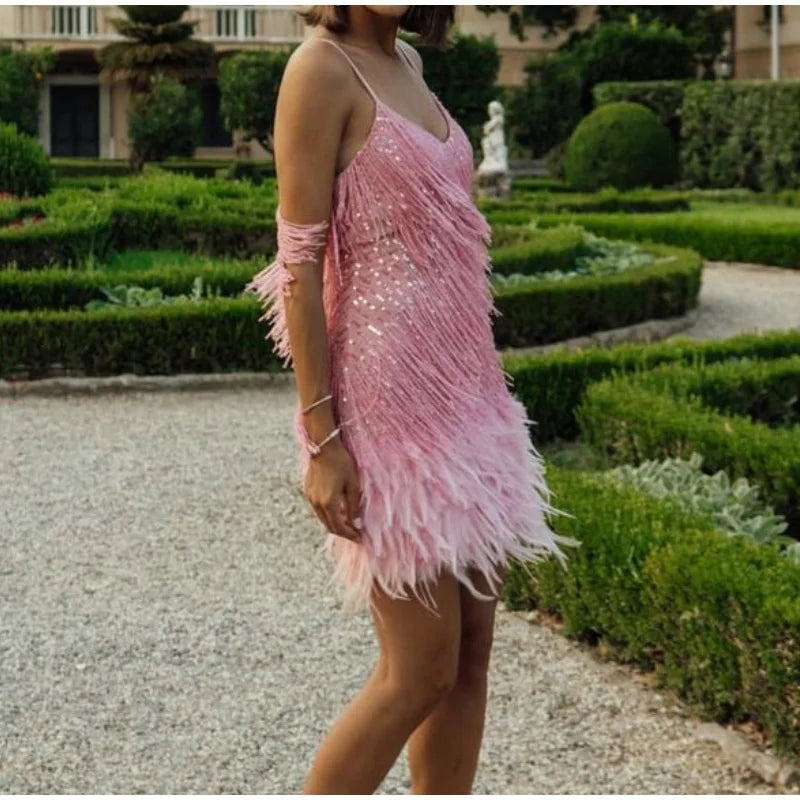 "Women’s Sexy Tassel Sequins Feather Mini Dress – Spaghetti Strap Party Club Evening Dress, WomenClothing" - Faith Affinity