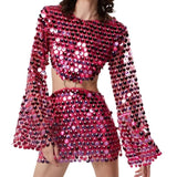Women’s 2025 Fashion Glitter Sequin Hollow-Out Mini Dress - Elegant Round Neck Long Sleeves Short Party Dress, Chic Outfit - Faith Affinity