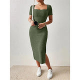Women’s Summer Square Neck Knitted Slit Dress - Hip-Hugging Mid-Length Skirt with Short Sleeves, Versatile Fashion - Faith Affinity