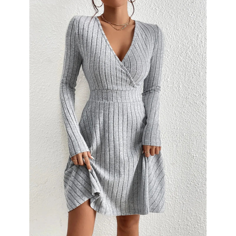 "Women’s Knit Bodycon Dress – V-Neck Long Sleeve Slim Fit Casual Midi Sweater Dress for Autumn Winter 2025" - Faith Affinity