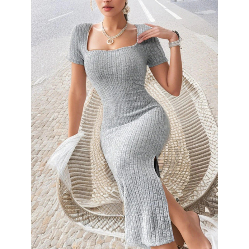Women’s Summer Square Neck Knitted Slit Dress - Hip-Hugging Mid-Length Skirt with Short Sleeves, Versatile Fashion - Faith Affinity
