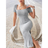 Women’s Summer Square Neck Knitted Slit Dress - Hip-Hugging Mid-Length Skirt with Short Sleeves, Versatile Fashion - Faith Affinity