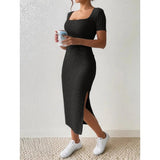 Women’s Summer Square Neck Knitted Slit Dress - Hip-Hugging Mid-Length Skirt with Short Sleeves, Versatile Fashion - Faith Affinity