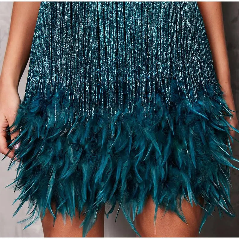 "Women’s Sexy Tassel Sequins Feather Mini Dress – Spaghetti Strap Party Club Evening Dress, WomenClothing" - Faith Affinity