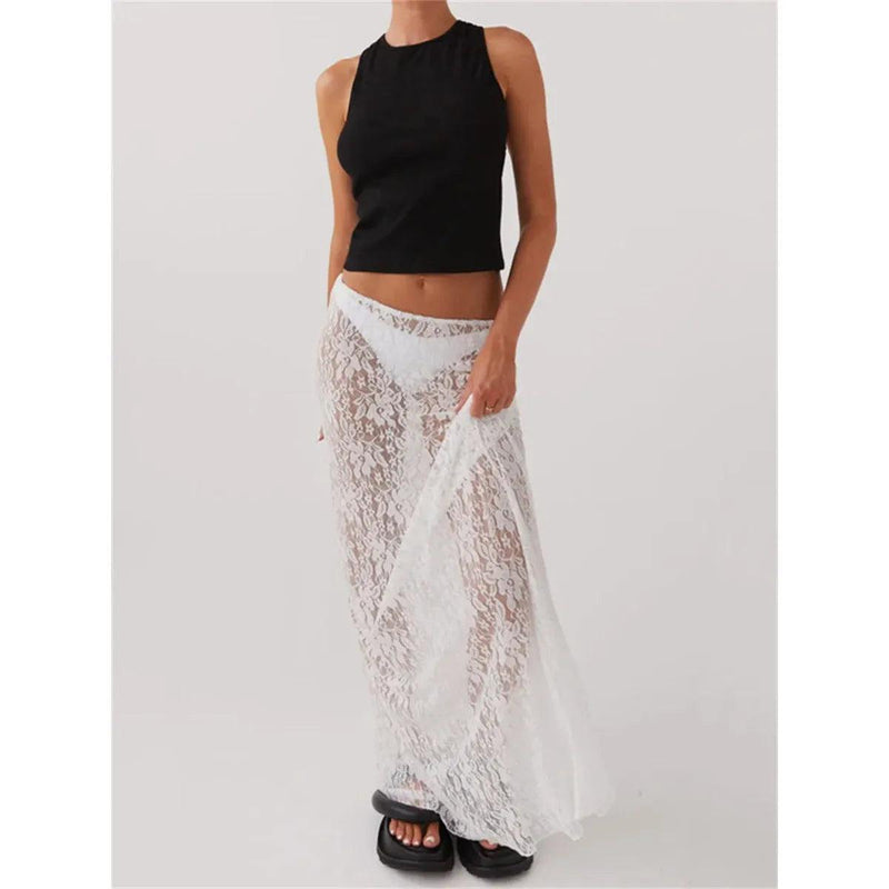 Women’s Lace A-Line Midi Skirt – Low Rise Y2K Summer Beach Party Maxi Skirt, Elegant & Trendy Fashion - Faith Affinity
