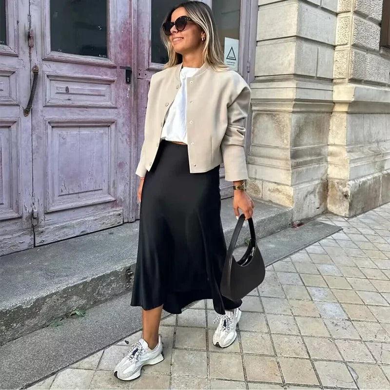 ASDS 2025 Y2K Satin Long Skirt - High-Waisted A-Line Spring Casual Women’s Skirt for High Street Fashion - Faith Affinity