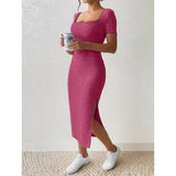 Women’s Summer Square Neck Knitted Slit Dress - Hip-Hugging Mid-Length Skirt with Short Sleeves, Versatile Fashion - Faith Affinity