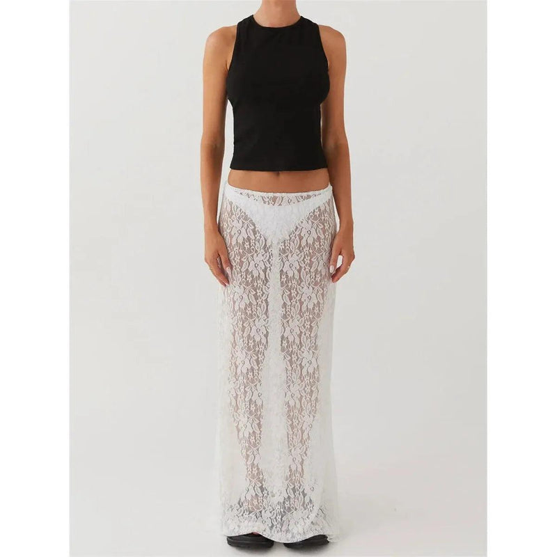 Women’s Lace A-Line Midi Skirt – Low Rise Y2K Summer Beach Party Maxi Skirt, Elegant & Trendy Fashion - Faith Affinity