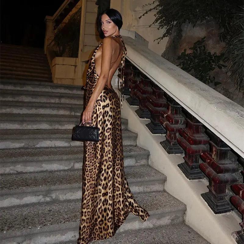 2024 Sexy Backless Leopard Print Halter Dress - Women’s Sleeveless Lace-Up Pleated Maxi Dress for Summer Streetwear - Faith Affinity