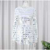 Women’s 2025 Fashion Glitter Sequin Hollow-Out Mini Dress - Elegant Round Neck Long Sleeves Short Party Dress, Chic Outfit - Faith Affinity