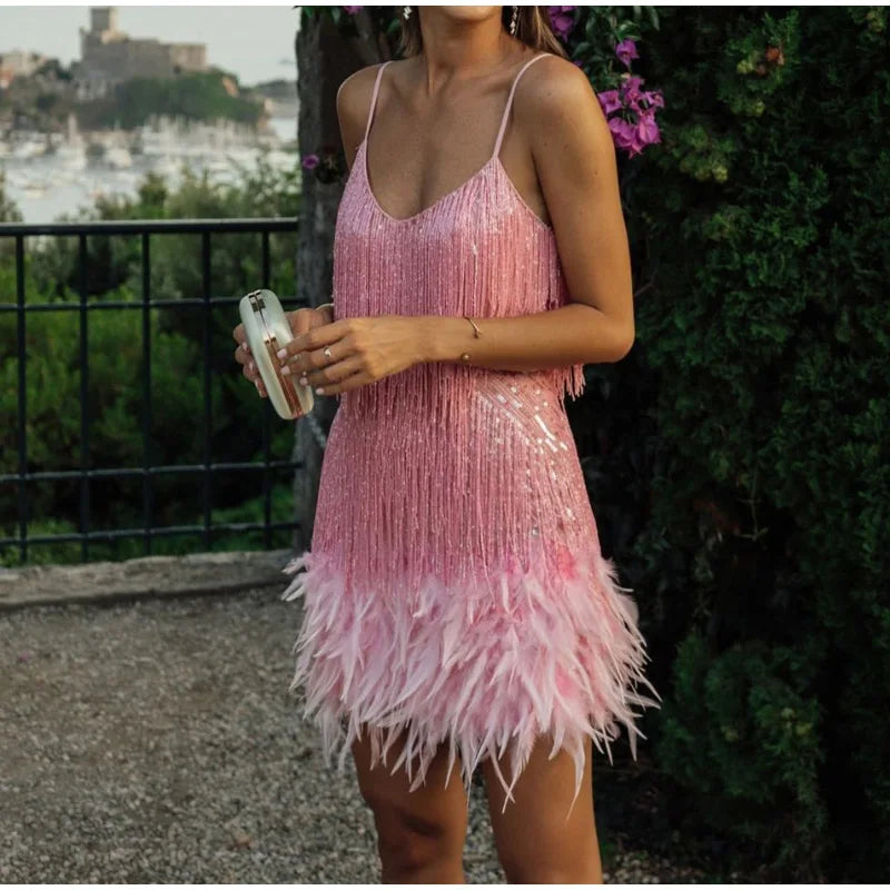 "Women’s Sexy Tassel Sequins Feather Mini Dress – Spaghetti Strap Party Club Evening Dress, WomenClothing" - Faith Affinity