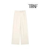 "TRAF Women's Vintage High Waist Wide Leg Pants with Front Darts & Pockets - Zipper Fly, Fashion Female Trousers" - Faith Affinity