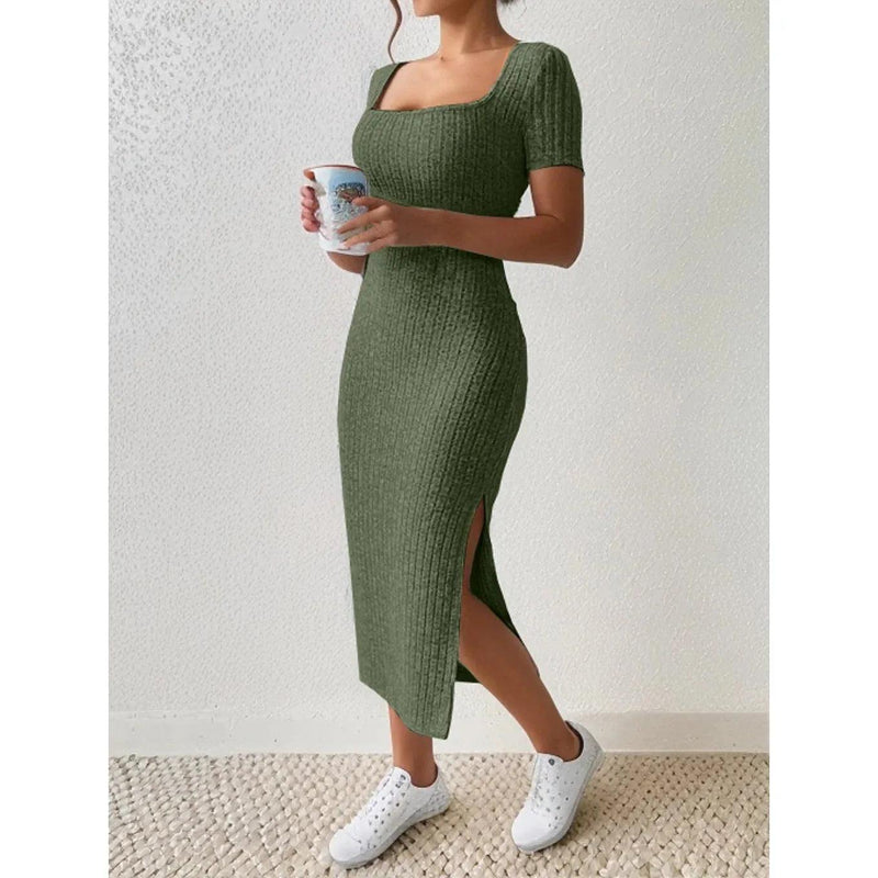 Women’s Summer Square Neck Knitted Slit Dress - Hip-Hugging Mid-Length Skirt with Short Sleeves, Versatile Fashion - Faith Affinity