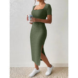 Women’s Summer Square Neck Knitted Slit Dress - Hip-Hugging Mid-Length Skirt with Short Sleeves, Versatile Fashion - Faith Affinity