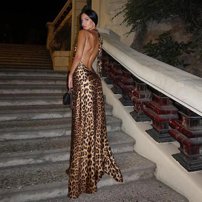 2024 Sexy Backless Leopard Print Halter Dress - Women’s Sleeveless Lace-Up Pleated Maxi Dress for Summer Streetwear - Faith Affinity