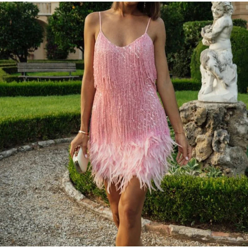 "Women’s Sexy Tassel Sequins Feather Mini Dress – Spaghetti Strap Party Club Evening Dress, WomenClothing" - Faith Affinity
