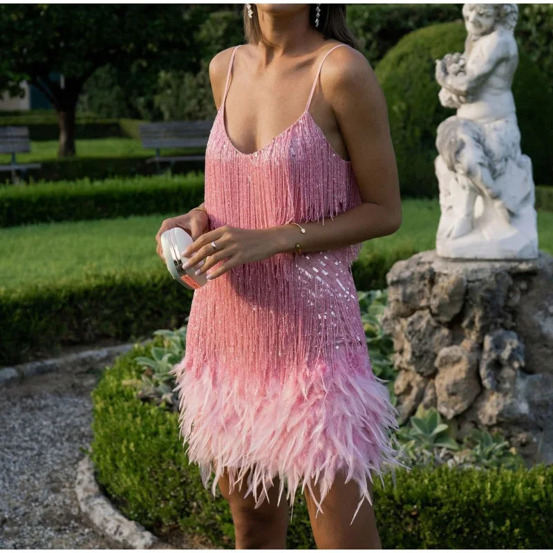"Women’s Sexy Tassel Sequins Feather Mini Dress – Spaghetti Strap Party Club Evening Dress, WomenClothing" - Faith Affinity