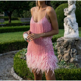 "Women’s Sexy Tassel Sequins Feather Mini Dress – Spaghetti Strap Party Club Evening Dress, WomenClothing" - Faith Affinity