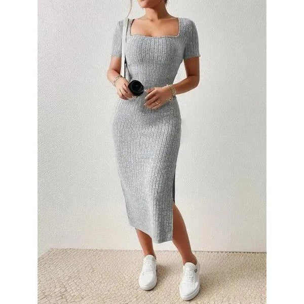 Women’s Summer Square Neck Knitted Slit Dress - Hip-Hugging Mid-Length Skirt with Short Sleeves, Versatile Fashion - Faith Affinity