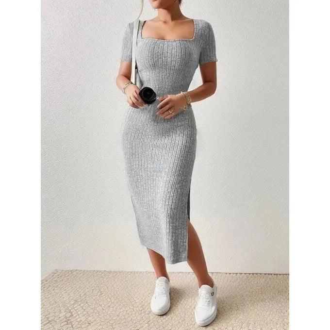 Women’s Summer Square Neck Knitted Slit Dress - Hip-Hugging Mid-Length Skirt with Short Sleeves, Versatile Fashion - Faith Affinity