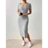 Women’s Summer Square Neck Knitted Slit Dress - Hip-Hugging Mid-Length Skirt with Short Sleeves, Versatile Fashion - Faith Affinity
