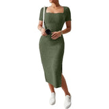 Women’s Summer Square Neck Knitted Slit Dress - Hip-Hugging Mid-Length Skirt with Short Sleeves, Versatile Fashion - Faith Affinity