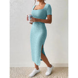 Women’s Summer Square Neck Knitted Slit Dress - Hip-Hugging Mid-Length Skirt with Short Sleeves, Versatile Fashion - Faith Affinity