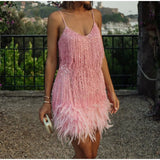 "Women’s Sexy Tassel Sequins Feather Mini Dress – Spaghetti Strap Party Club Evening Dress, WomenClothing" - Faith Affinity