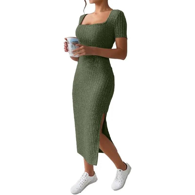 Women’s Summer Square Neck Knitted Slit Dress - Hip-Hugging Mid-Length Skirt with Short Sleeves, Versatile Fashion - Faith Affinity