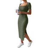 Women’s Summer Square Neck Knitted Slit Dress - Hip-Hugging Mid-Length Skirt with Short Sleeves, Versatile Fashion - Faith Affinity