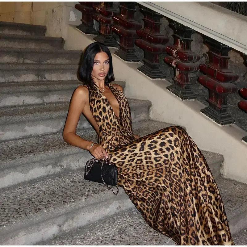 2024 Sexy Backless Leopard Print Halter Dress - Women’s Sleeveless Lace-Up Pleated Maxi Dress for Summer Streetwear - Faith Affinity