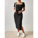 Women’s Summer Square Neck Knitted Slit Dress - Hip-Hugging Mid-Length Skirt with Short Sleeves, Versatile Fashion - Faith Affinity