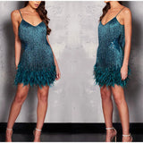 "Women’s Sexy Tassel Sequins Feather Mini Dress – Spaghetti Strap Party Club Evening Dress, WomenClothing" - Faith Affinity